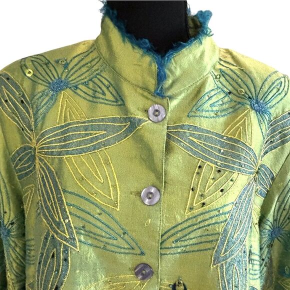 Anage Jacket Button Up 100% Silk Green Embroidered Beaded Flower Art - Picture 2 of 9